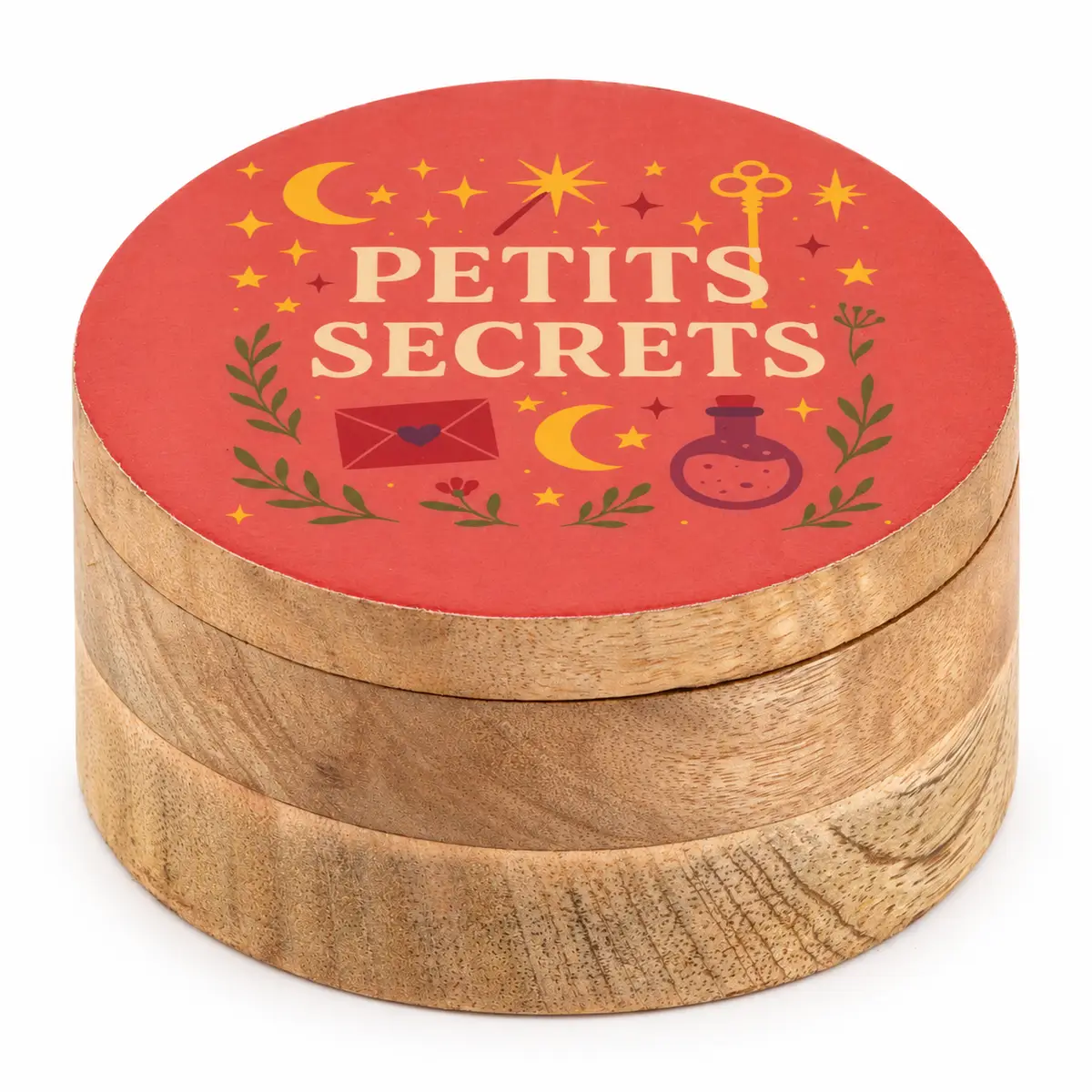 Rund träask med emaljerat rött lock med texten Petite Secrets och dekorativa motiv