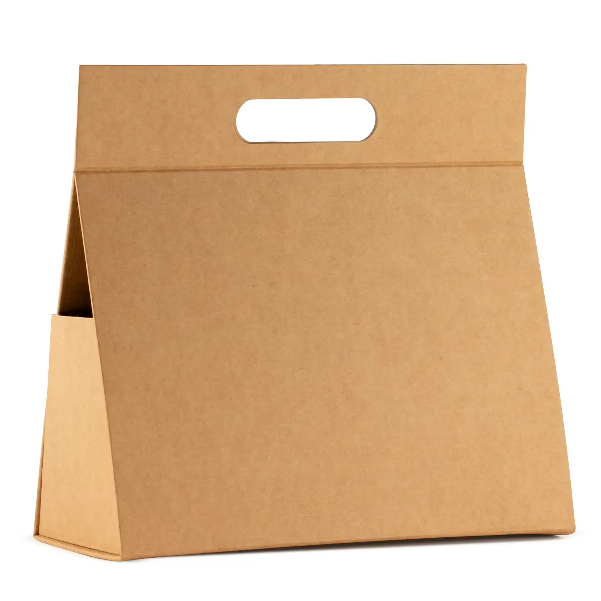 Stor platt presentask i brunt kraftpapper med handtag