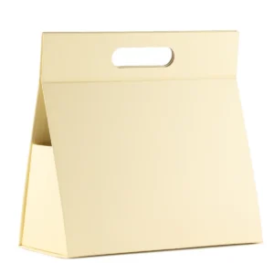 Stor elfenbensfärgad presentask med inbyggt handtag och platt packningsdesign