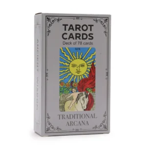 Förpackning med tarotkort Traditionell Arcana med färgglad sol och häst på framsidan