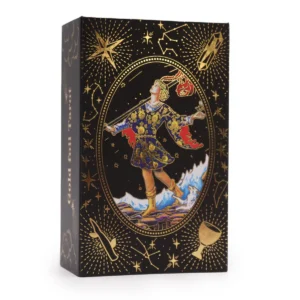 Presentask med tarotkort och guldfolie med motiv av en person och stjärnor