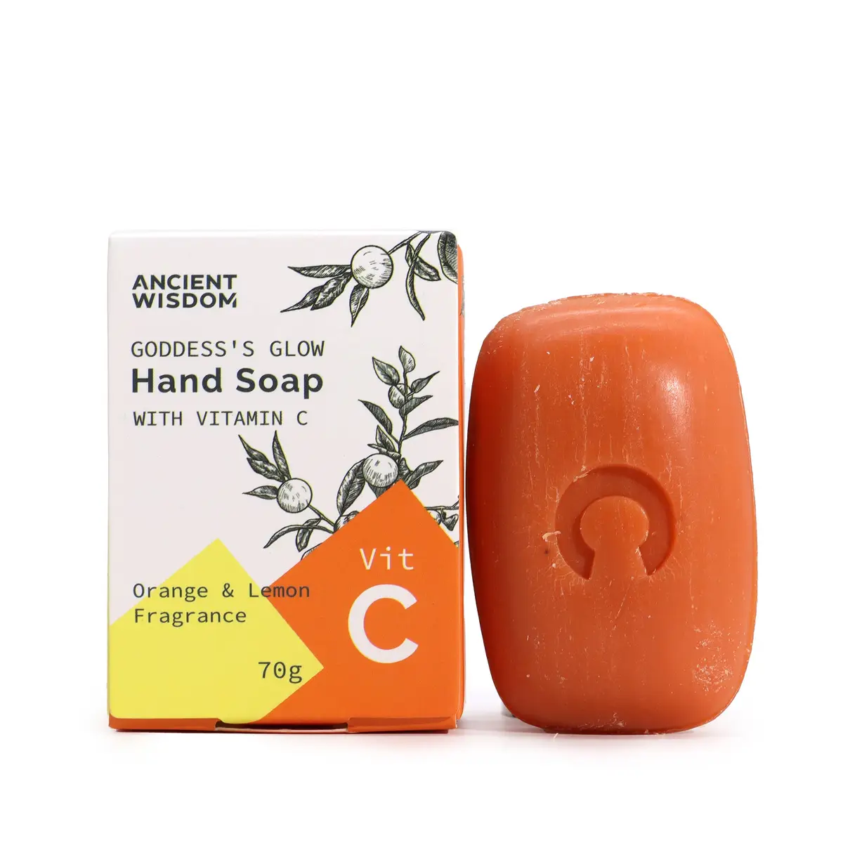 Orange vitamin C handtvål bredvid vit och orange förpackning med text och illustration av citrusfrukter